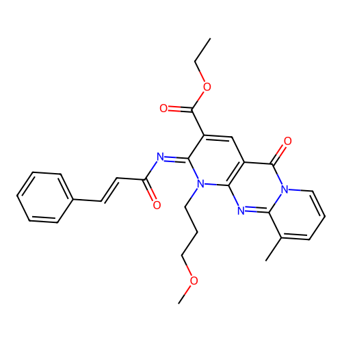 (Z)-ethyl 2-(cinnamoylimino)-1-(3-methoxypropyl)-10-methyl-5-oxo-2,5-dihydro-1H-dipyrido[1,2-a:2',3'-d]pyrimidine-3-carboxylate structure