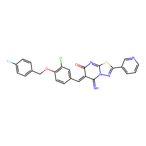 (6Z)-6-[[3-chloro-4-[(4-fluorophenyl)methoxy]phenyl]methylidene]-5-imino-2-pyridin-3-yl-[1,3,4]thiadiazolo[3,2-a]pyrimidin-7-one structure