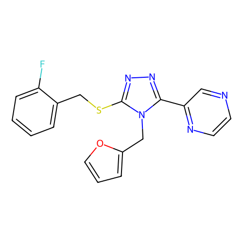 2-[5-[(2-fluorobenzyl)thio]-4-(2-furylmethyl)-4H-1,2,4-triazol-3-yl]pyrazine structure
