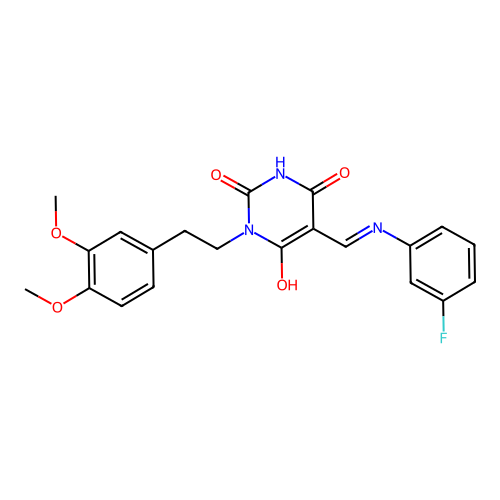 (5E)-1-[2-(3,4-dimethoxyphenyl)ethyl]-5-[(3-fluoroanilino)methylidene]-1,3-diazinane-2,4,6-trione structure
