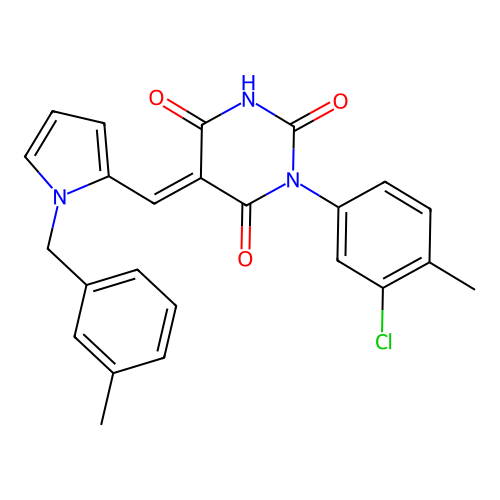(5E)-1-(3-chloro-4-methylphenyl)-5-[[1-[(3-methylphenyl)methyl]pyrrol-2-yl]methylidene]-1,3-diazinane-2,4,6-trione structure
