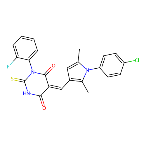(5Z)-5-[[1-(4-chlorophenyl)-2,5-dimethylpyrrol-3-yl]methylidene]-1-(2-fluorophenyl)-2-sulfanylidene-1,3-diazinane-4,6-dione structure