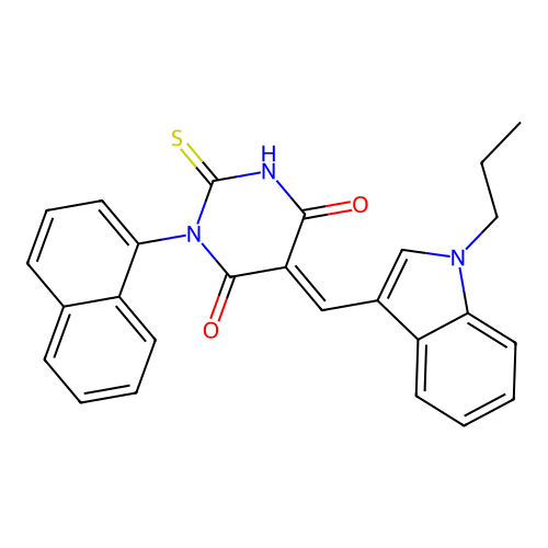 (5E)-1-(naphthalen-1-yl)-5-[(1-propyl-1H-indol-3-yl)methylidene]-2-sulfanylpyrimidine-4,6(1H,5H)-dione structure