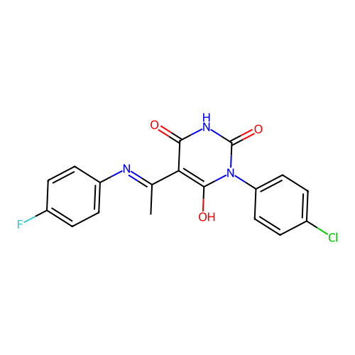 (5Z)-1-(4-chlorophenyl)-5-[1-(4-fluoroanilino)ethylidene]-1,3-diazinane-2,4,6-trione structure