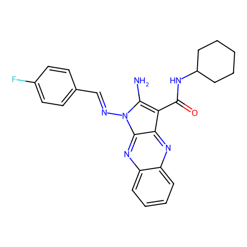 (E)-2-amino-N-cyclohexyl-1-((4-fluorobenzylidene)amino)-1H-pyrrolo[2,3-b]quinoxaline-3-carboxamide structure