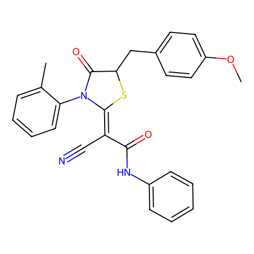 (2Z)-2-cyano-2-[5-(4-methoxybenzyl)-3-(2-methylphenyl)-4-oxo-1,3-thiazolidin-2-ylidene]-N-phenylethanamide structure