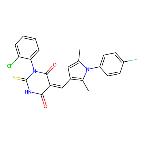 (5Z)-1-(2-chlorophenyl)-5-[[1-(4-fluorophenyl)-2,5-dimethylpyrrol-3-yl]methylidene]-2-sulfanylidene-1,3-diazinane-4,6-dione structure