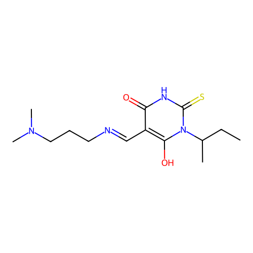 (E)-1-(sec-butyl)-5-(((3-(dimethylamino)propyl)amino)methylene)-2-thioxodihydropyrimidine-4,6(1H,5H)-dione structure
