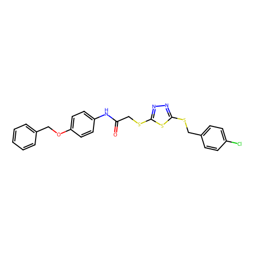 2-[[5-[(4-chlorophenyl)methylsulfanyl]-1,3,4-thiadiazol-2-yl]sulfanyl]-N-(4-phenylmethoxyphenyl)acetamide structure