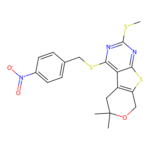6,6-dimethyl-2-(methylsulfanyl)-4-[(4-nitrobenzyl)sulfanyl]-5,8-dihydro-6H-pyrano[4',3':4,5]thieno[2,3-d]pyrimidine structure