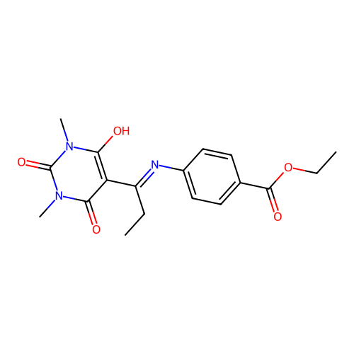 ethyl 4-[1-(1,3-dimethyl-2,4,6-trioxo-1,3-diazinan-5-ylidene)propylamino]benzoate structure
