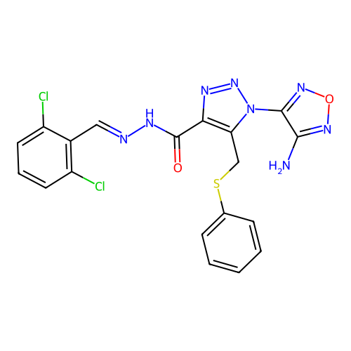 (E)-1-(4-amino-1,2,5-oxadiazol-3-yl)-N'-(2,6-dichlorobenzylidene)-5-((phenylthio)methyl)-1H-1,2,3-triazole-4-carbohydrazide structure