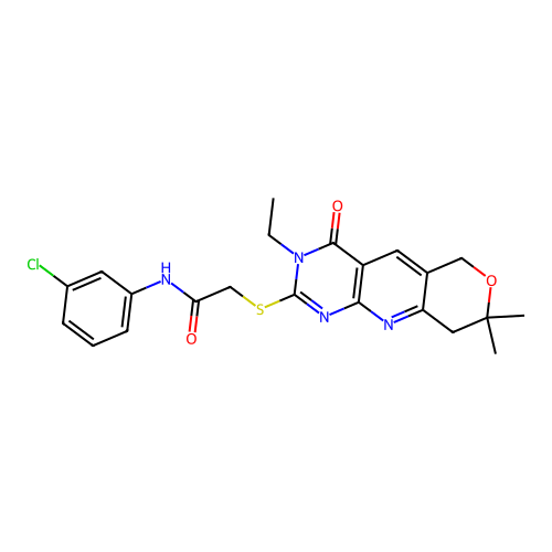 N-(3-chlorophenyl)-2-((3-ethyl-8,8-dimethyl-4-oxo-4,6,8,9-tetrahydro-3H-pyrano[3',4':5,6]pyrido[2,3-d]pyrimidin-2-yl)thio)acetamide structure