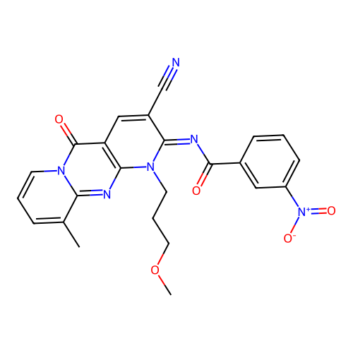 (E)-N-(3-cyano-1-(3-methoxypropyl)-10-methyl-5-oxo-1H-dipyrido[1,2-a:2',3'-d]pyrimidin-2(5H)-ylidene)-3-nitrobenzamide structure