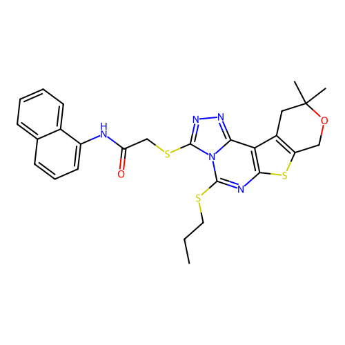 2-((10,10-dimethyl-5-(propylthio)-10,11-dihydro-8H-pyrano[4',3':4,5]thieno[3,2-e][1,2,4]triazolo[4,3-c]pyrimidin-3-yl)thio)-N-(naphthalen-1-yl)acetamide structure