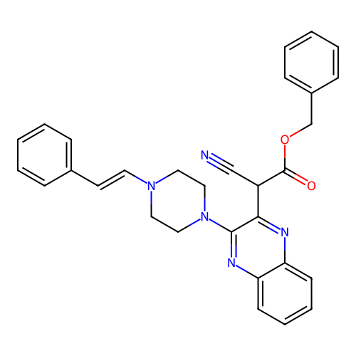 benzyl cyano(3-{4-[(E)-2-phenylethenyl]piperazin-1-yl}quinoxalin-2-yl)acetate structure
