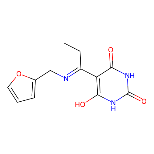 (5E)-5-{1-[(furan-2-ylmethyl)amino]propylidene}-2,6-dihydroxypyrimidin-4(5H)-one structure