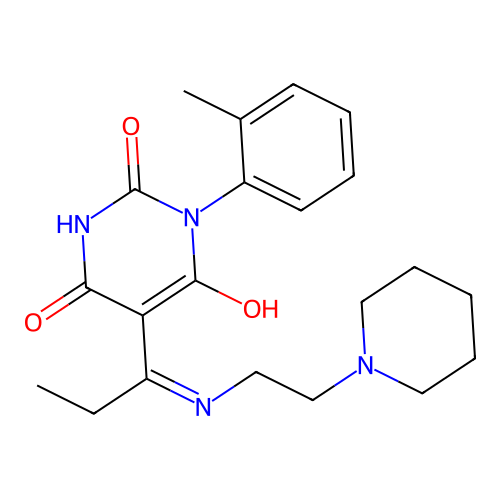 (5E)-6-hydroxy-3-(2-methylphenyl)-5-(1-{[2-(piperidin-1-yl)ethyl]amino}propylidene)pyrimidine-2,4(3H,5H)-dione structure