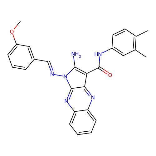 (E)-2-amino-N-(3,4-dimethylphenyl)-1-((3-methoxybenzylidene)amino)-1H-pyrrolo[2,3-b]quinoxaline-3-carboxamide structure
