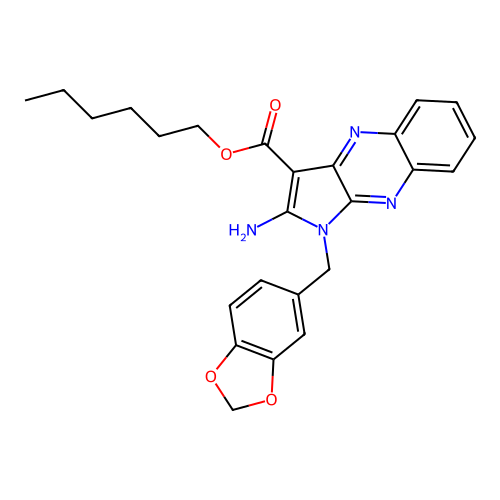 hexyl 2-amino-1-(1,3-benzodioxol-5-ylmethyl)-1H-pyrrolo[2,3-b]quinoxaline-3-carboxylate structure
