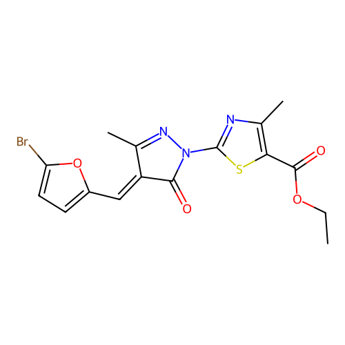 (E)-ethyl 2-(4-((5-bromofuran-2-yl)methylene)-3-methyl-5-oxo-4,5-dihydro-1H-pyrazol-1-yl)-4-methylthiazole-5-carboxylate structure