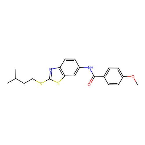 4-methoxy-N-{2-[(3-methylbutyl)sulfanyl]-1,3-benzothiazol-6-yl}benzamide structure