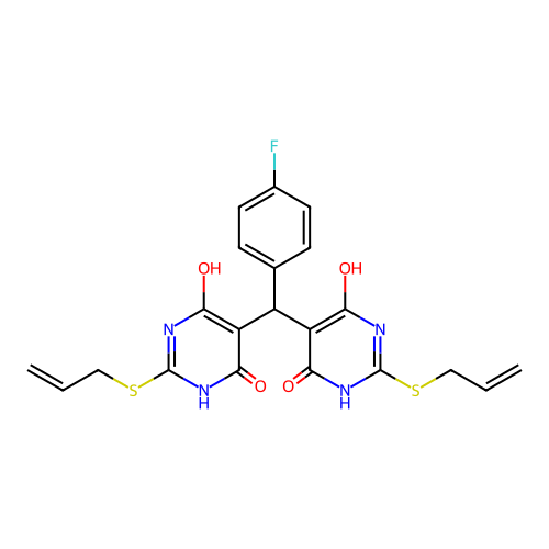 5,5'-[(4-fluorophenyl)methylene]bis[2-(allylthio)-6-hydroxy-4(3H)-pyrimidinone] structure