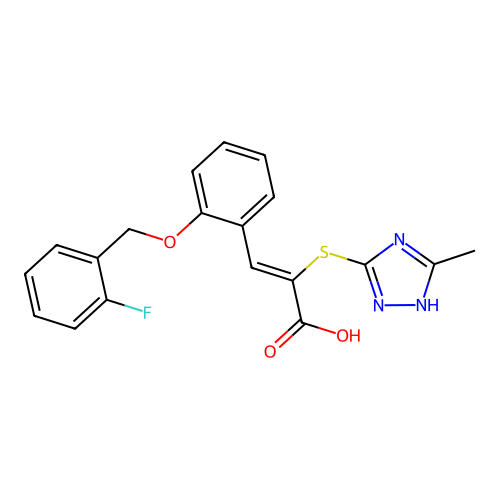 (2Z)-3-{2-[(2-fluorobenzyl)oxy]phenyl}-2-[(5-methyl-4H-1,2,4-triazol-3-yl)sulfanyl]prop-2-enoic acid structure