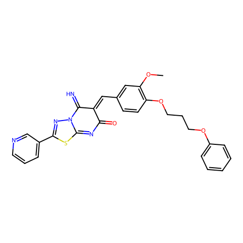 (6Z)-5-imino-6-[[3-methoxy-4-(3-phenoxypropoxy)phenyl]methylidene]-2-pyridin-3-yl-[1,3,4]thiadiazolo[3,2-a]pyrimidin-7-one structure