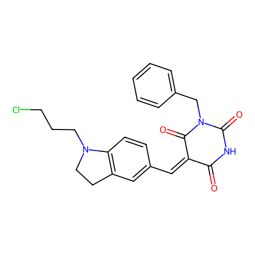 (5Z)-1-benzyl-5-[[1-(3-chloropropyl)-2,3-dihydroindol-5-yl]methylidene]-1,3-diazinane-2,4,6-trione structure