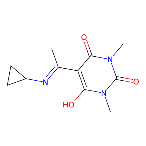 5-(1-(cyclopropylamino)ethylidene)-1,3-dimethylpyrimidine-2,4,6(1H,3H,5H)-trione structure