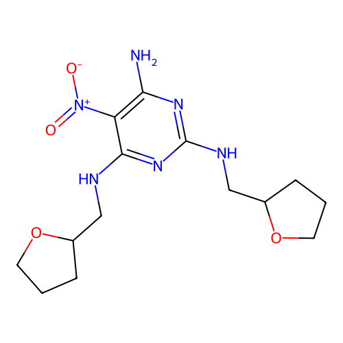 5-nitro-2-N,4-N-bis(oxolan-2-ylmethyl)pyrimidine-2,4,6-triamine structure