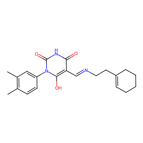 (5E)-5-[[2-(cyclohexen-1-yl)ethylamino]methylidene]-1-(3,4-dimethylphenyl)-1,3-diazinane-2,4,6-trione structure
