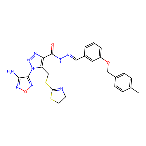 (E)-1-(4-amino-1,2,5-oxadiazol-3-yl)-5-(((4,5-dihydrothiazol-2-yl)thio)methyl)-N'-(3-((4-methylbenzyl)oxy)benzylidene)-1H-1,2,3-triazole-4-carbohydrazide structure