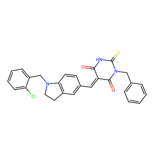 (5E)-1-benzyl-5-[[1-[(2-chlorophenyl)methyl]-2,3-dihydroindol-5-yl]methylidene]-2-sulfanylidene-1,3-diazinane-4,6-dione structure