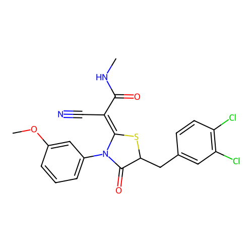 (Z)-2-cyano-2-(5-(3,4-dichlorobenzyl)-3-(3-methoxyphenyl)-4-oxothiazolidin-2-ylidene)-N-methylacetamide structure