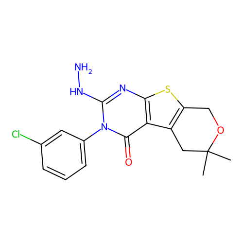 3-(3-chlorophenyl)-2-hydrazinyl-6,6-dimethyl-3,5,6,8-tetrahydro-4H-pyrano[4',3':4,5]thieno[2,3-d]pyrimidin-4-one structure