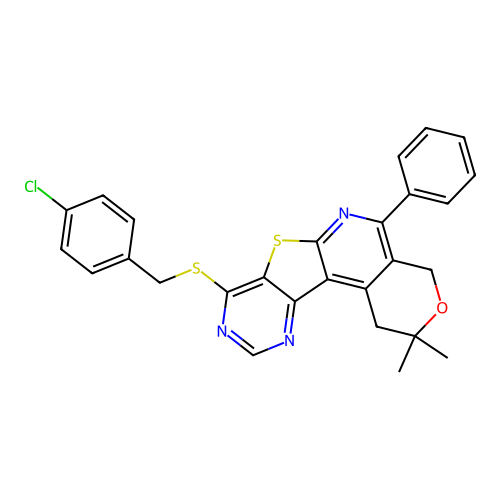 8-((4-chlorobenzyl)thio)-2,2-dimethyl-5-phenyl-2,4-dihydro-1H-pyrano[4'',3'':4',5']pyrido[3',2':4,5]thieno[3,2-d]pyrimidine structure