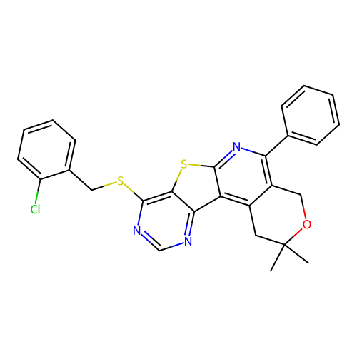 8-((2-chlorobenzyl)thio)-2,2-dimethyl-5-phenyl-2,4-dihydro-1H-pyrano[4'',3'':4',5']pyrido[3',2':4,5]thieno[3,2-d]pyrimidine structure