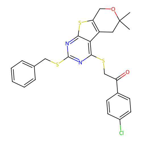 2-((2-(benzylthio)-6,6-dimethyl-6,8-dihydro-5H-pyrano[4',3':4,5]thieno[2,3-d]pyrimidin-4-yl)thio)-1-(4-chlorophenyl)ethanone structure