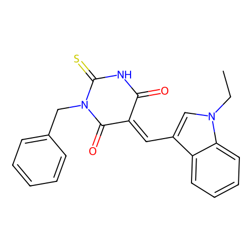 (5E)-1-benzyl-5-[(1-ethylindol-3-yl)methylidene]-2-sulfanylidene-1,3-diazinane-4,6-dione structure