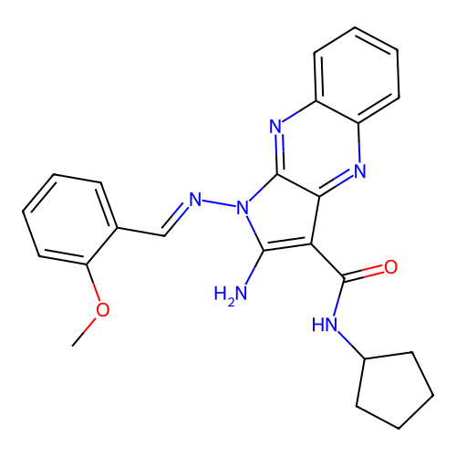(E)-2-amino-N-cyclopentyl-1-((2-methoxybenzylidene)amino)-1H-pyrrolo[2,3-b]quinoxaline-3-carboxamide structure