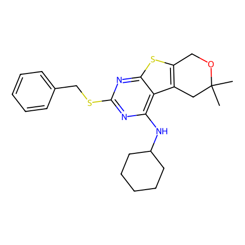 2-(benzylsulfanyl)-N-cyclohexyl-6,6-dimethyl-5,8-dihydro-6H-pyrano[4',3':4,5]thieno[2,3-d]pyrimidin-4-amine structure
