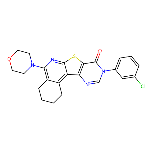9-(3-chlorophenyl)-5-(morpholin-4-yl)-1,2,3,4-tetrahydropyrimido[4',5':4,5]thieno[2,3-c]isoquinolin-8(9H)-one structure