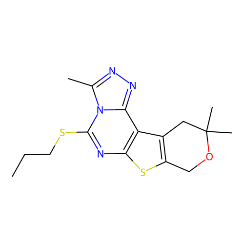 3,10,10-trimethyl-5-(propylsulfanyl)-10,11-dihydro-8H-pyrano[4',3':4,5]thieno[3,2-e][1,2,4]triazolo[4,3-c]pyrimidine structure
