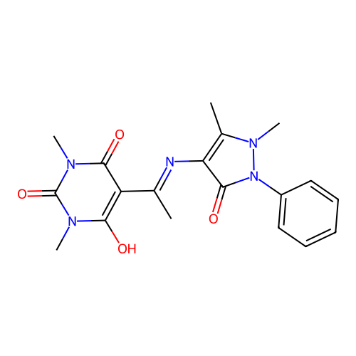 5-(1-((1,5-dimethyl-3-oxo-2-phenyl-2,3-dihydro-1H-pyrazol-4-yl)amino)ethylidene)-1,3-dimethylpyrimidine-2,4,6(1H,3H,5H)-trione structure