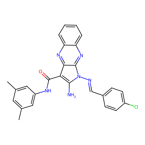(E)-2-amino-1-((4-chlorobenzylidene)amino)-N-(3,5-dimethylphenyl)-1H-pyrrolo[2,3-b]quinoxaline-3-carboxamide structure