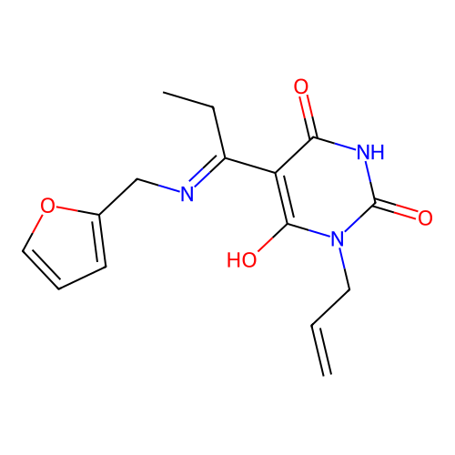 (5E)-5-[1-(furan-2-ylmethylamino)propylidene]-1-prop-2-enyl-1,3-diazinane-2,4,6-trione structure