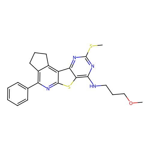 N-(3-methoxypropyl)-9-(methylsulfanyl)-4-phenyl-2,3-dihydro-1H-cyclopenta[4',5']pyrido[3',2':4,5]thieno[3,2-d]pyrimidin-7-amine structure