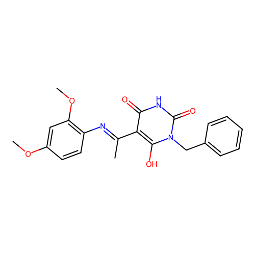 (Z)-1-benzyl-5-(1-((2,4-dimethoxyphenyl)amino)ethylidene)pyrimidine-2,4,6(1H,3H,5H)-trione structure
